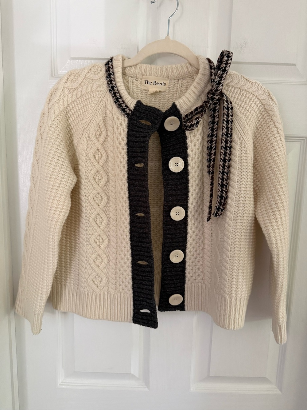 The Reeds x Anthropologie Cream Cable-Knit Cardigan with Bow Detail 100% Wool- S